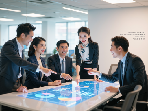 企业愿景宣传画面，现代化办公环境，团队协作场景，商务人士讨论项目