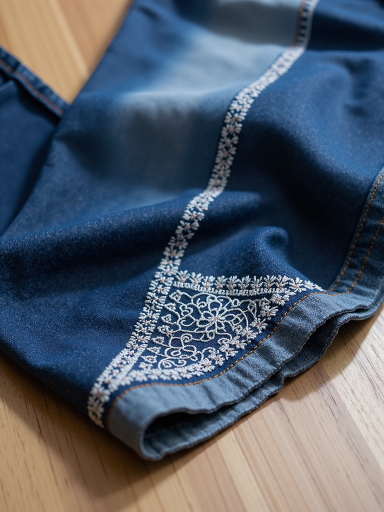 紧身牛仔裤，深蓝色丹宁面料，修身剪裁，时尚百搭，女性穿着